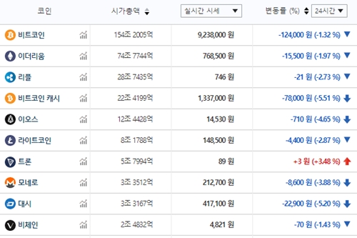 가상화폐 시세 대부분 내림세, 비트코인 920만 원대 거래 