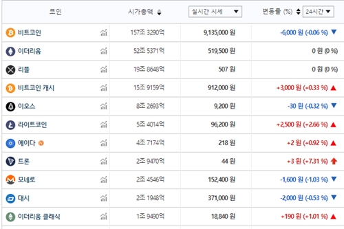 주요 가상화폐 시세 치열한 공방전, 비트코인 910만 원대 거래