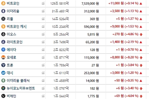 가상화폐 대부분 오름세, 비트코인은 753만 원으로 소폭 상승