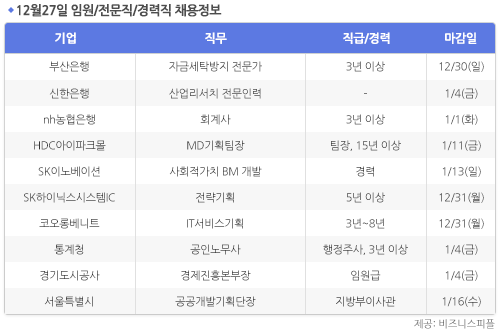 [12월27일] 비즈니스피플 임원/전문직/경력직 채용정보