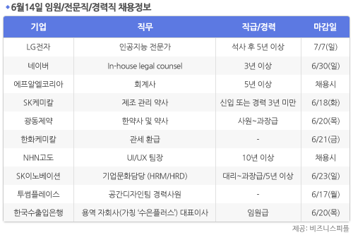 [6월14일] 비즈니스피플 임원/전문직/경력직 채용정보