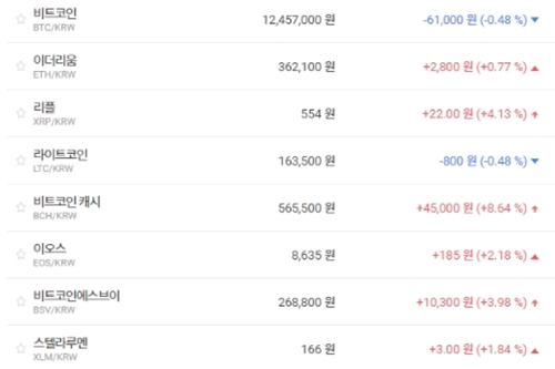 가상화폐 시세 대부분 오름세, 비트코인 1250만 원 공방 치열 
