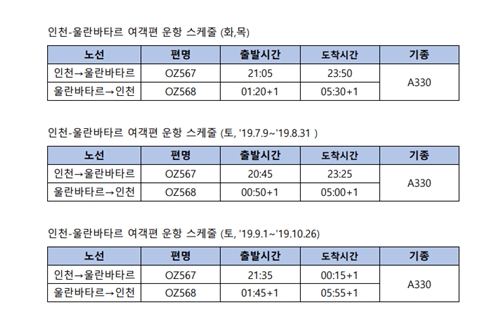 아시아나항공, 인천~몽골 울란바토르 노선 주 3회 새로 취항 