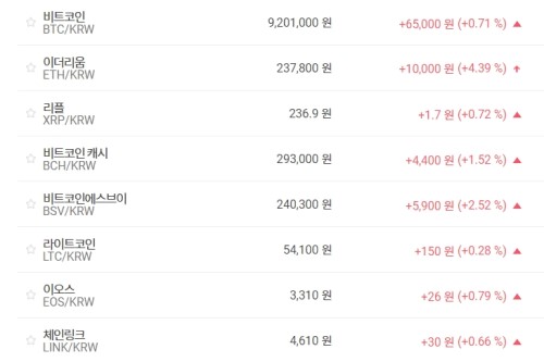 비트코인 920만 원대로 올라, 가상화폐 시세 대체로 상승세