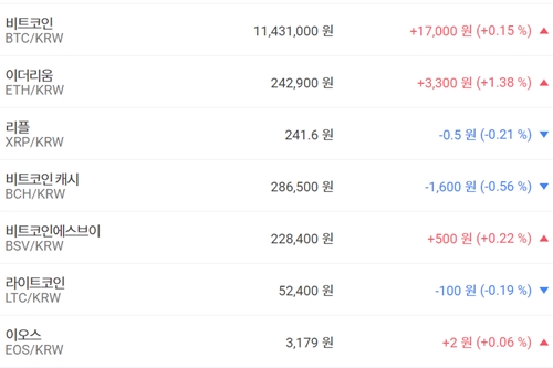 비트코인 1140만 원대 올라, 가상화폐 시세 대체로 상승