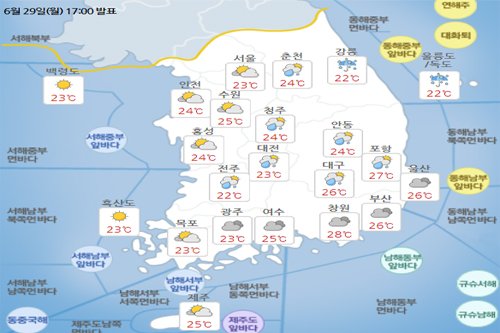 화요일 30일 비 내리다 오후에 그쳐, 중부지방은 강하고 많은 비 