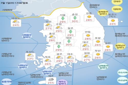 목요일 2일 전국 흐리고 일부는 소나기, 낮 최고기온 30도