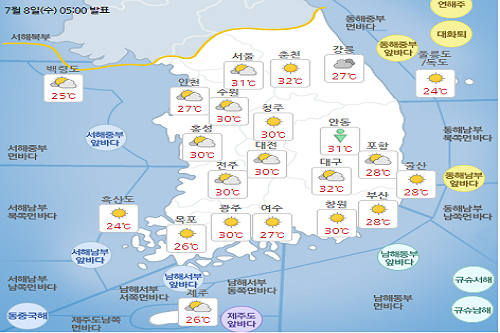수요일 8일 낮 기온 30도 이상 오르며 더워, 일부 지역에 소나기