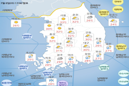 목요일 9일 전국 흐리고 남부는 오후부터 강한 비, 서울 낮기온 33도