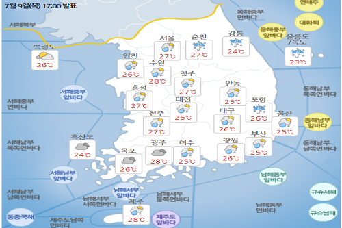 금요일 10일 전국에 비 내려, 낮 기온은 30도 이하로 낮아져