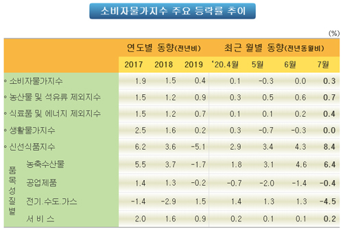 7월 소비자물가 0.3% 올라, 2개월 만에 상승 전환