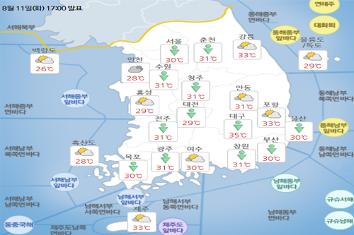 수요일 12일 전국 흐리고 소나기, 강원 경상 전라 제주 폭염특보