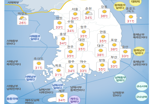 화요일 18일 덥고 습도 높아 체감온도 35도, 밤에도 열대야