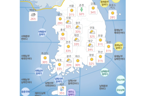 월요일 24일 전국 폭염 지속, 태풍 영향권 26~27일 강한 비바람