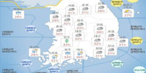 화요일 9월1일 전국 흐리고 소나기와 비, 남부는 체감온도 33도