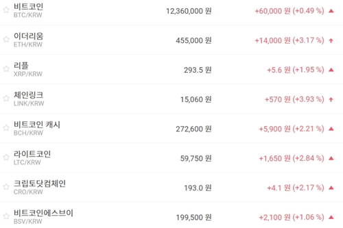 비트코인 1230만 원대로 회복, 가상화폐 시세 상승이 더 많아 