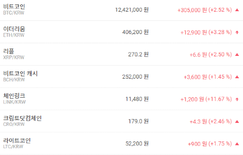 비트코인 1240만 원대로 올라, 가상화폐 시세 거의 다 상승 