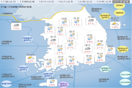 화요일 17일 전국 대체로 흐리고 한때 비, 서울 낮 최고기온 17도