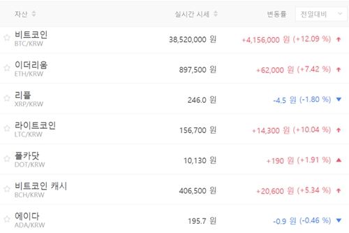 비트코인 3850만 원대로 뛰어, 가상화폐 시세 하락이 훨씬 많아