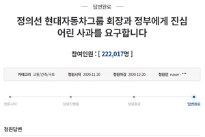 청와대, '현대차 품질 관련 정의선 사과 요구' 청원에 "답변 어렵다"