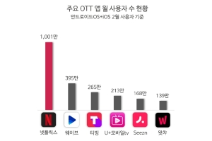 넷플릭스 2월 사용자 1천만 명 넘어서, 2위 웨이브 3위 티빙