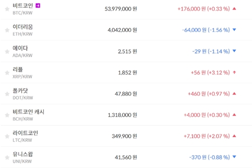 비트코인 5390만 원대 회복, 가상화폐 시세 상승과 하락 엇비슷