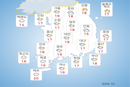 목요일 3일 전국으로 비 확대되다 밤에 그쳐, 낮기온 23도 안팎