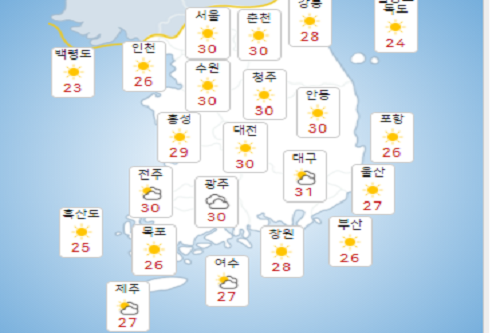 주말 12일과 휴일 13일 전국 대체로 맑아, 낮기온 30도 안팎