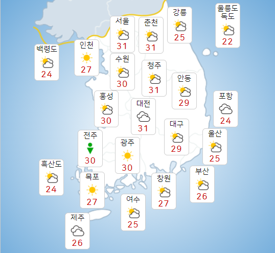 월요일 14일 흐리고 더워, 목요일 17일 중부부터 다시 비 