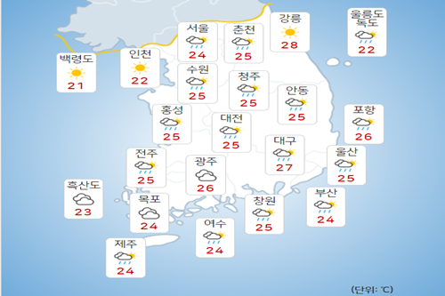 18일 금요일 전국이 흐리고 가끔 비, 낮기온 25도 안팎