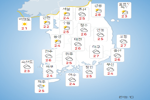 금요일 18일 전국 흐리고 오전까지 약한 비, 서울 낮기온 24도