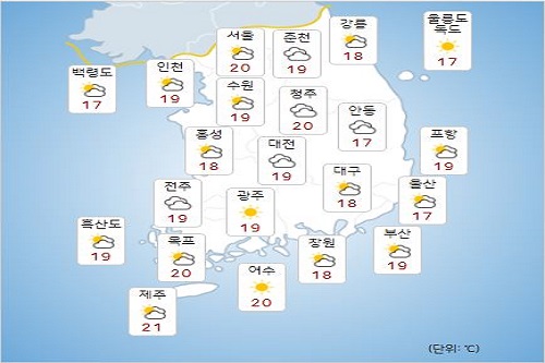 금요일 25일 전국 구름 많고 곳곳에 소나기, 서울 낮기온 28도