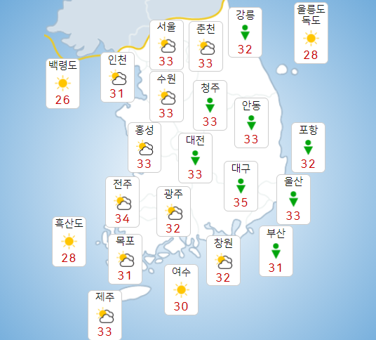 월요일 12일 곳곳에 천둥번개 동반한 소나기, 대부분 지역 폭염특보