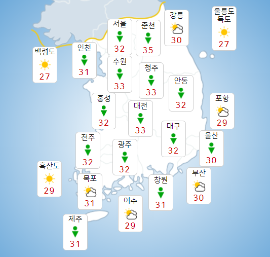 금요일 16일 구름 많고 폭염특보 이어져, 강한 돌풍 동반한 소나기도  