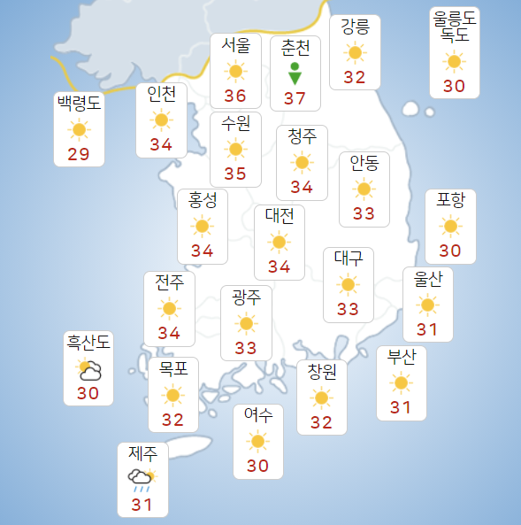 월요일 26일 전국 맑고 폭염 이어져, 강원영서 제주도 일부 비