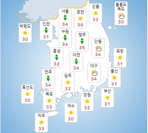 29일 목요일 폭염 열대야 이어져, 수도권 오후에 소나기