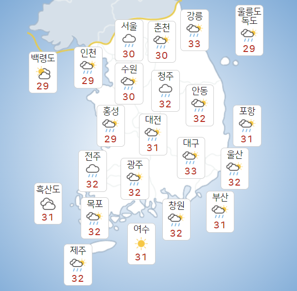 월요일 2일 전국 흐리고 비, 서울 낮기온 30도 폭염과 열대야 지속