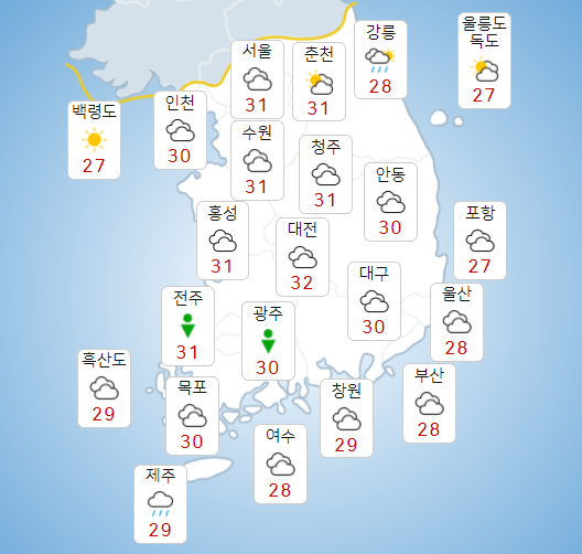 금요일 13일 전국 흐리고 폭염특보 일시적 해제, 낮기온 30도 안팎