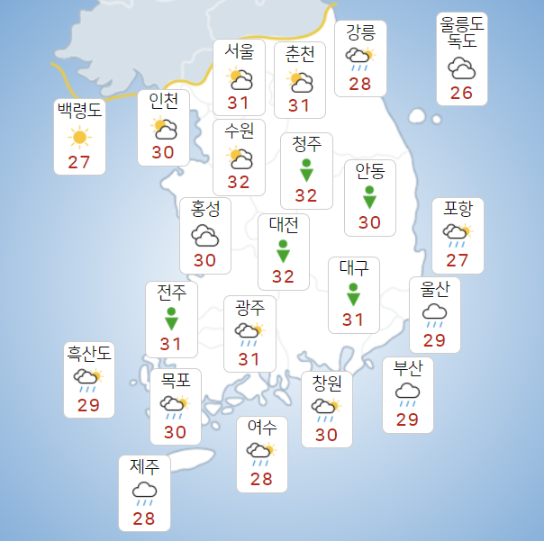 금요일 13일 전국 대체로 흐리고 남해안 비, 서울 낮기온 31도