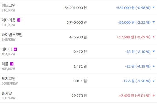 비트코인 5420만 원대로 밀려, 가상화폐 시세 대체로 내림세