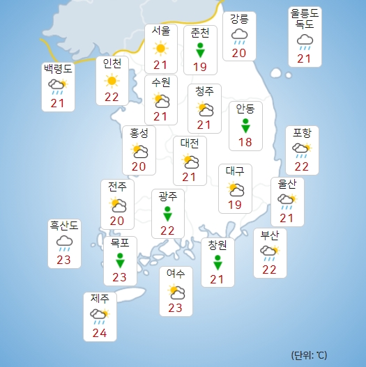 수요일 18일 전국에 천둥번개 동반 소나기, 서울 낮기온 31도
