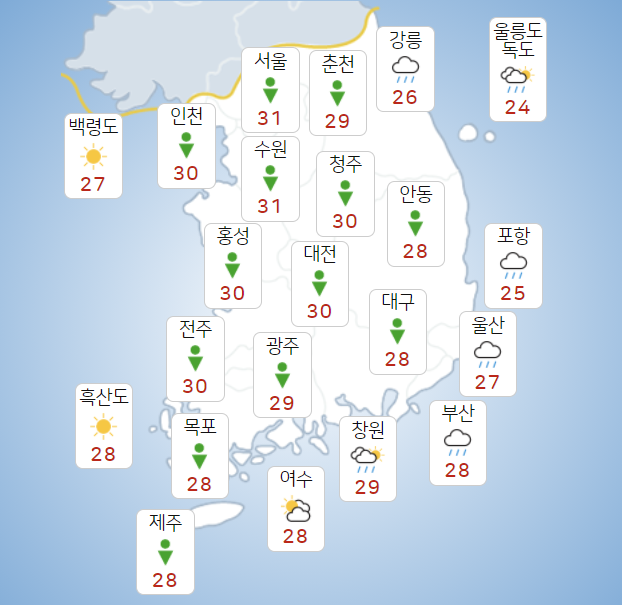 수요일 18일 전국 흐리고 천둥번개 동반한 소나기, 서울 낮기온 31도