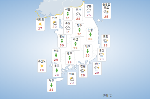 목요일 19일 전국 곳곳 소나기, 강원과 경북은 천둥번개 동반 많은 비