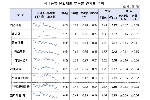 6월 원화대출 연체율 0.25%로 2007년 이후 14년 만에 최저치