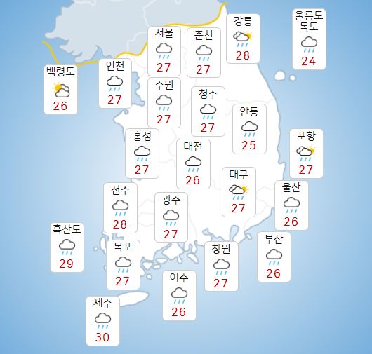 주말 21일과 휴일 22일 전국에 비, 일부 지역에 호우특보 가능성