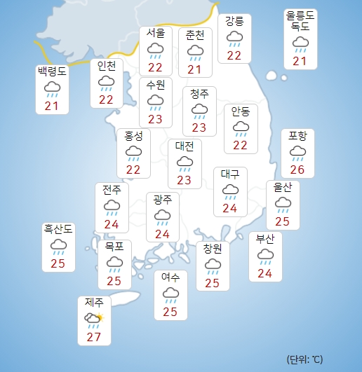 화요일 24일 전국에 많은 비와 강한 바람, 오후부터 차차 그쳐