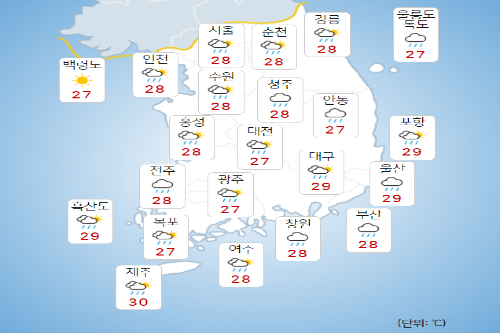 수요일 25일 전국에 비 오다 밤에 대부분 그쳐, 낮기온 28도 안팎