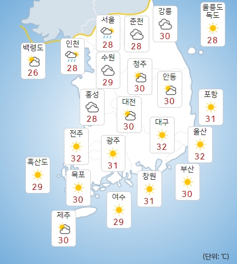 목요일 26일 전국 흐리고 일부 지역에 비, 낮기온 30도 안팎