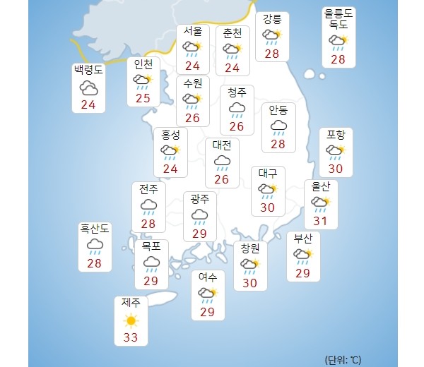 금요일 27일 전국 대체로 흐리고 비, 남부지방 중심으로 강한 비