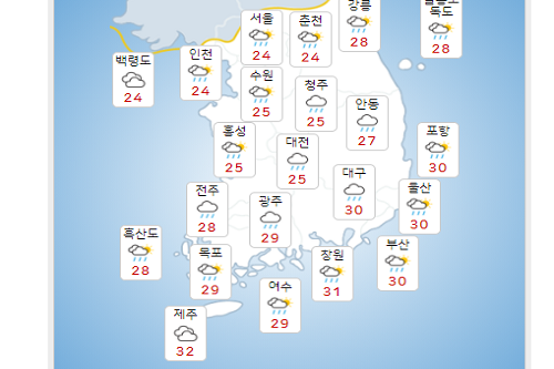 금요일 27일 전국 대체로 흐리고 비, 서울 낮 최고기온 24도